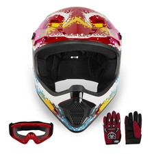 DOT Youth Dirt Bike Helmet Full Face w Goggles Gloves Colorful Large