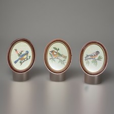 Set/3 VTG Embroidery Needlepoint Birds Prof Framed Plastic Wood-Look Oval Frames