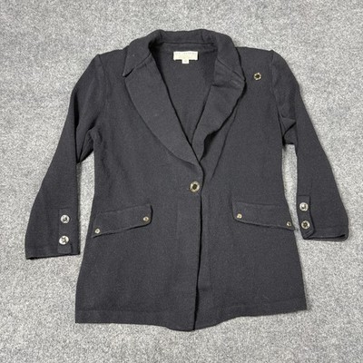 St John Collection Blazer Jacket Womens 12 Black Wool Knit Gold Button Front