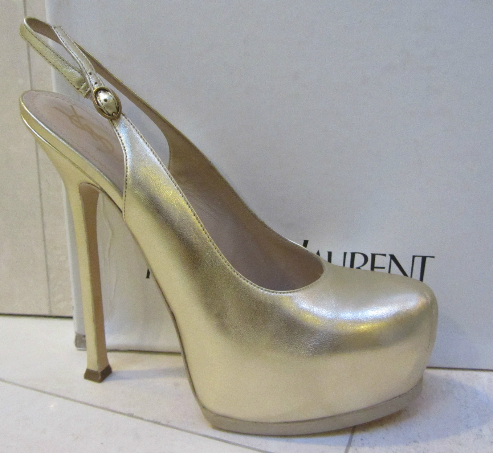 Scarpa slingback nuova con scatola YSL Yves Saint Laurent TRIBTOO 105 PLATFORM MEKONG ORO 39 5