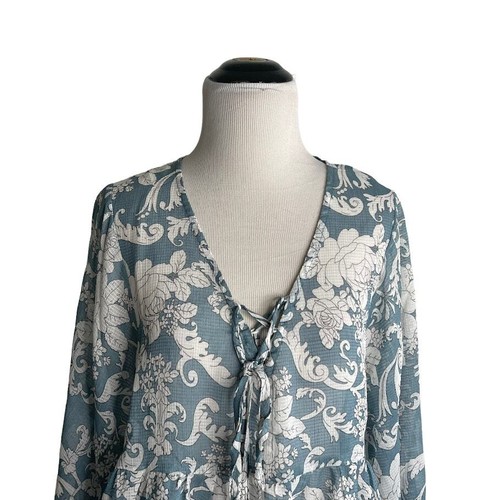 Suzanne Betro Weekend Large Blue Floral Chiffon Tie Front Peasant Tunic NWT - Picture 2 of 7