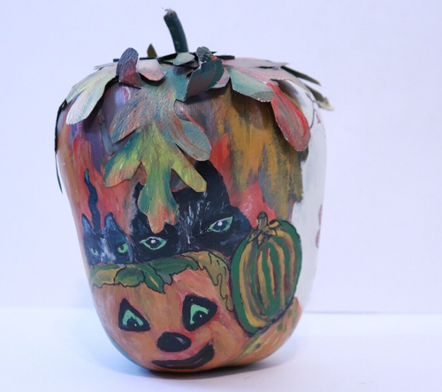 Halloween Deko Kürbis Studio Kunst Vintage handbemalt Herbst schwarze Katze signiert