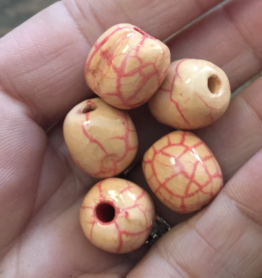 Lote de cuentas picadas barril cerámica esmaltada aspecto craquelado melocotón vintage con vena rosa Foto 4 de 4
