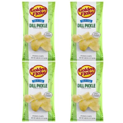 Golden Flake Thin & Crispy Potato Chips 4.625 Oz Bags Pack of 4 Dill Pickle