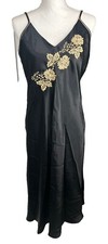 Vintage Halston Black Floral Embroidered V Neck Nightgown Women’s Size L