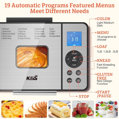 KBS 2LB Bread Maker, 19-in-1 Automatic Bread Machine Stainless Steel with Cer... - Picture 8 of 8