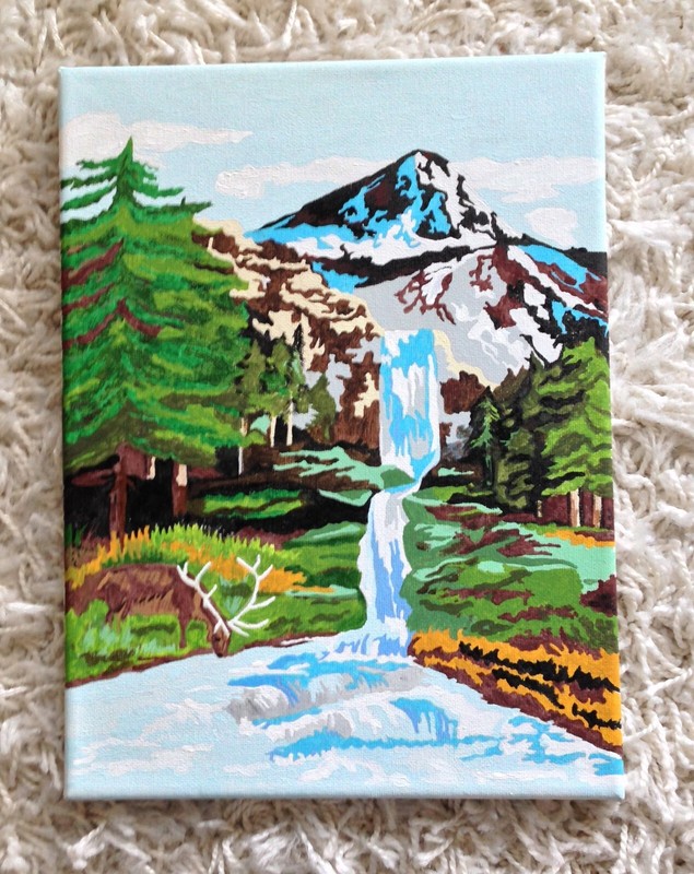 Wall Art - Landscape Woodland Waterfall Elk Pine Paint By Number Canvas on Wood