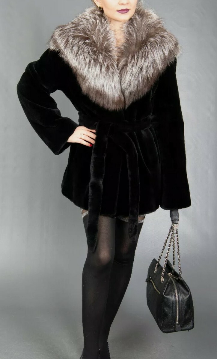 S-M NEW SHEARED BEAVER SILVER FOX HOODED LUXURY FUR COAT SOFT
