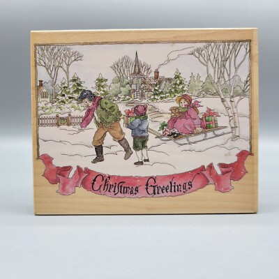Christmas Greetings #90043 Rubber Stamp Winter Scene Stamps Happen 5.5'' x 5'' USA