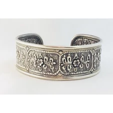 Sterling Silver Floral Repousse Cuff Bracelet, Wide Flower Boho Silver Bangle