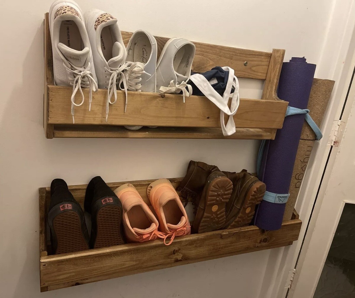 Shaped wall mounted rustic shoe rack reclaimed wood hallway furniture