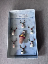 Boston Warehouse Debbie Mumm 6 Snowman Wine Markers & Bottle Stopper NEW