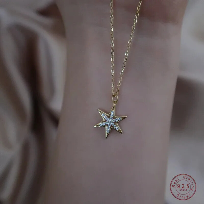 Sterling Silver Crystal Star Pendant Gold Necklace for Women