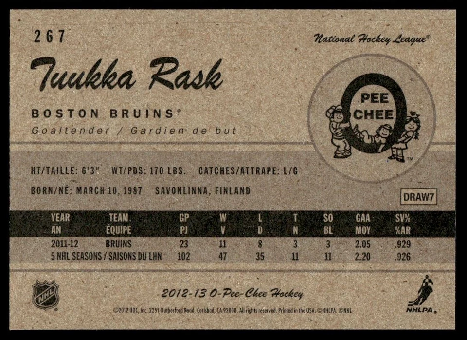 2012-13 O-Pee-Chee Retro Tuukka Rask Boston Bruins #267 - Image 2 of 2