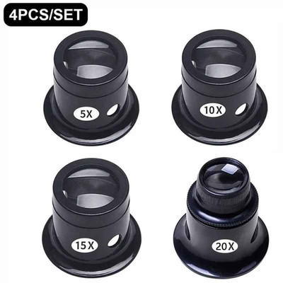 4pcs Watchmaker Loupe Set 5X 10X 15X 20X Magnifier Glass Jewelry Repair Tool