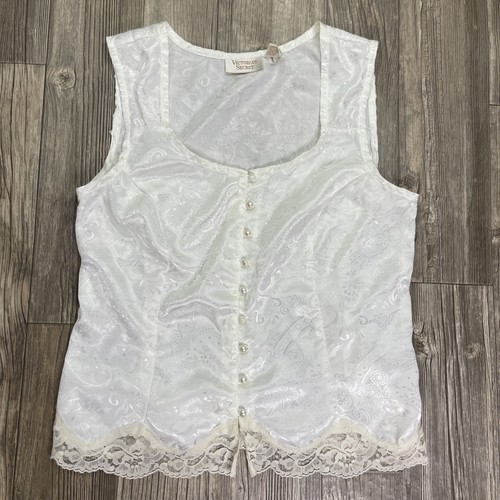 Vintage Victoria Secret Gold Label Trägertop weiß Satin Spitzenbesatz Knopfleiste Gr. M