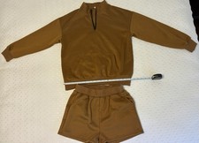 Women s Brown Fleece 2pc Sweatsuit Set 1/4 Zip Mock Neck Pullover Shorts M