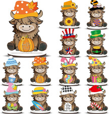 Seasonal Interchangeable Highland Cow Wooden Signs for Home Decor