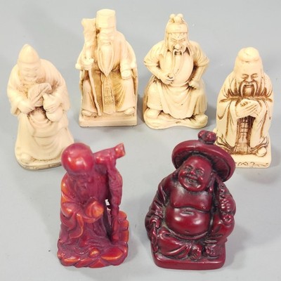 Carved Resin Chinese Wise Man Buddha Shou Lao 6 Figurine Lot 2'' Feng Shui Decor