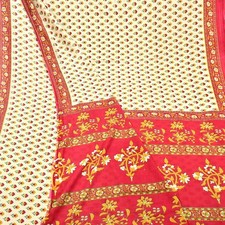 Indian Vintage Sari Red Ivory Printed 100 Pure Cotton Sarees Craft Fabric 5Yd