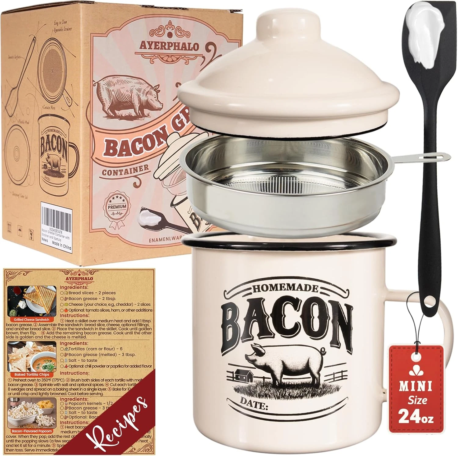 Bacon Grease Container with Strainer - with Food-Grade Silicone Spatula, 24Oz En