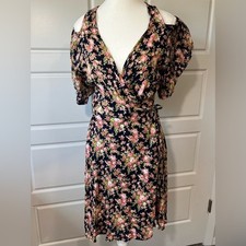 Angie Navy Blue Pink Rose Floral Cold Shoulder Wrap Midi Dress Tie Waist