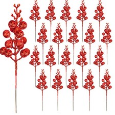 32Pcs Red Christmas Glitter Berry Stems Christmas Picks  Christmas Tree Decora...