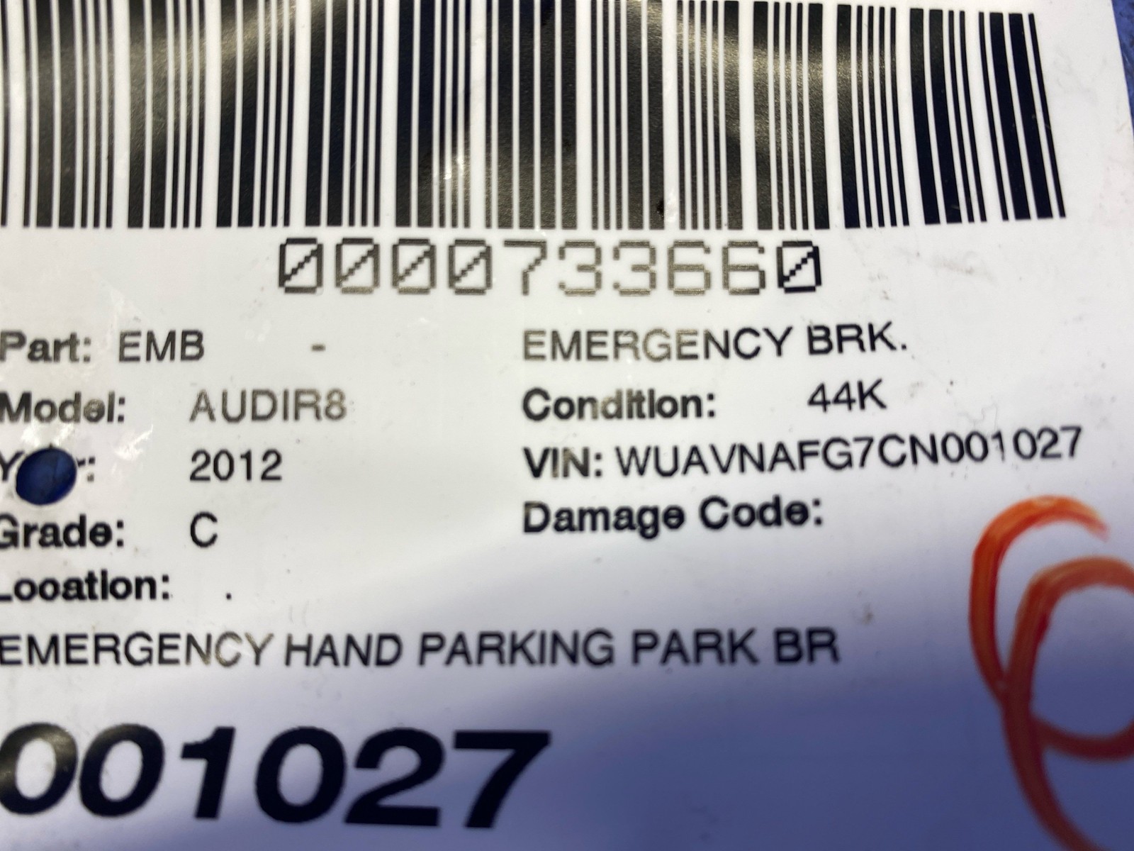 2008-2015 Audi R8 v10 Oem EMERGENCY HAND PARK BRAKE LEVER W/ BRACKET 420711463A