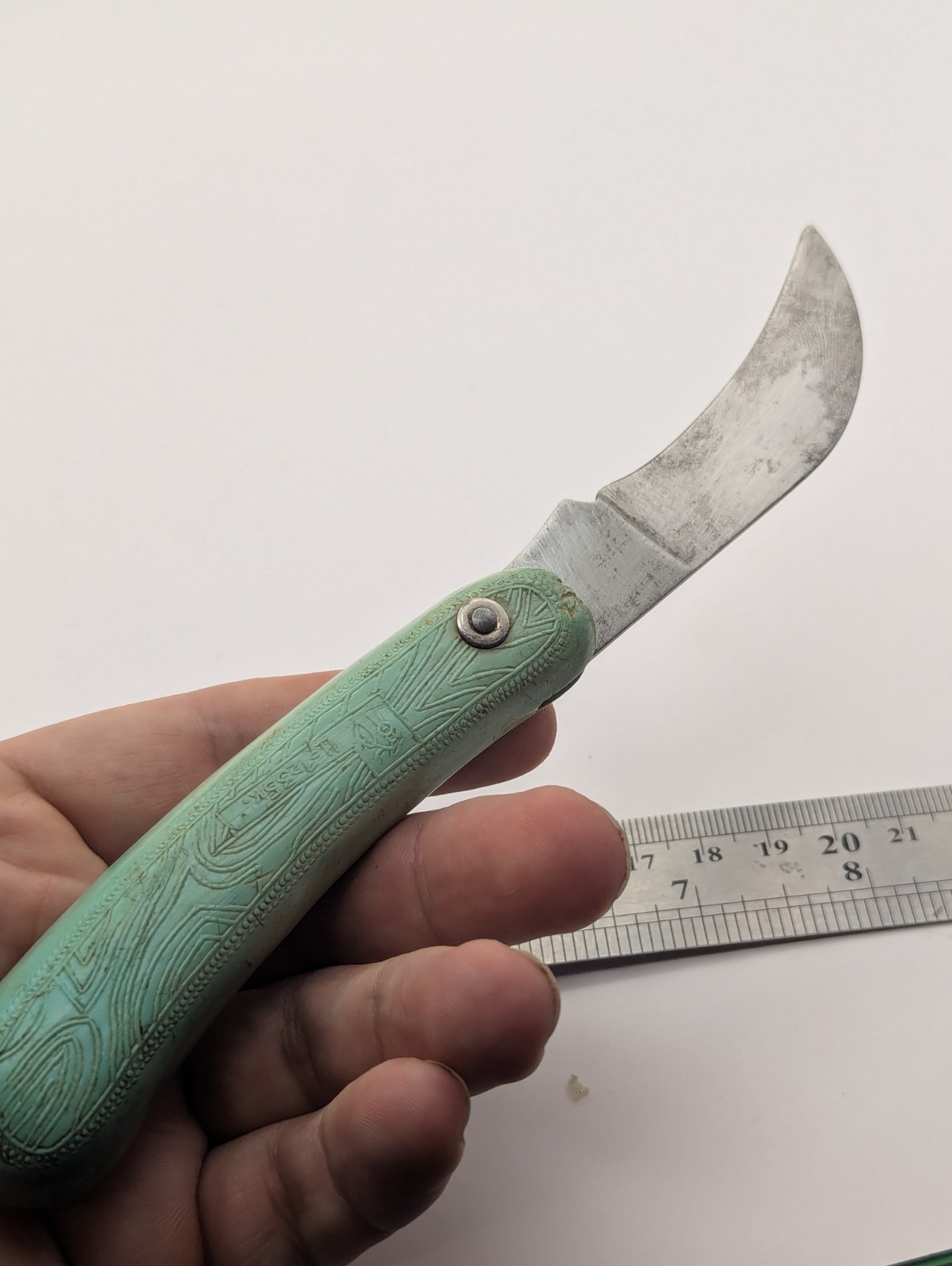 Vintage Soviet Gardening Pruning Knife Green Plastic Handle Curved Blade USSR