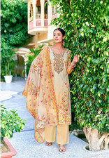Beige Yellow Pure Zam Cotton Floral Embroidered Suit with Digital Print Dupatta