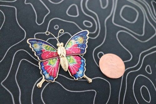 Butterfly Brooch Pin Vtg Multicolor Enamel Sparkly Glitter Gold Tone - Picture 8 of 9