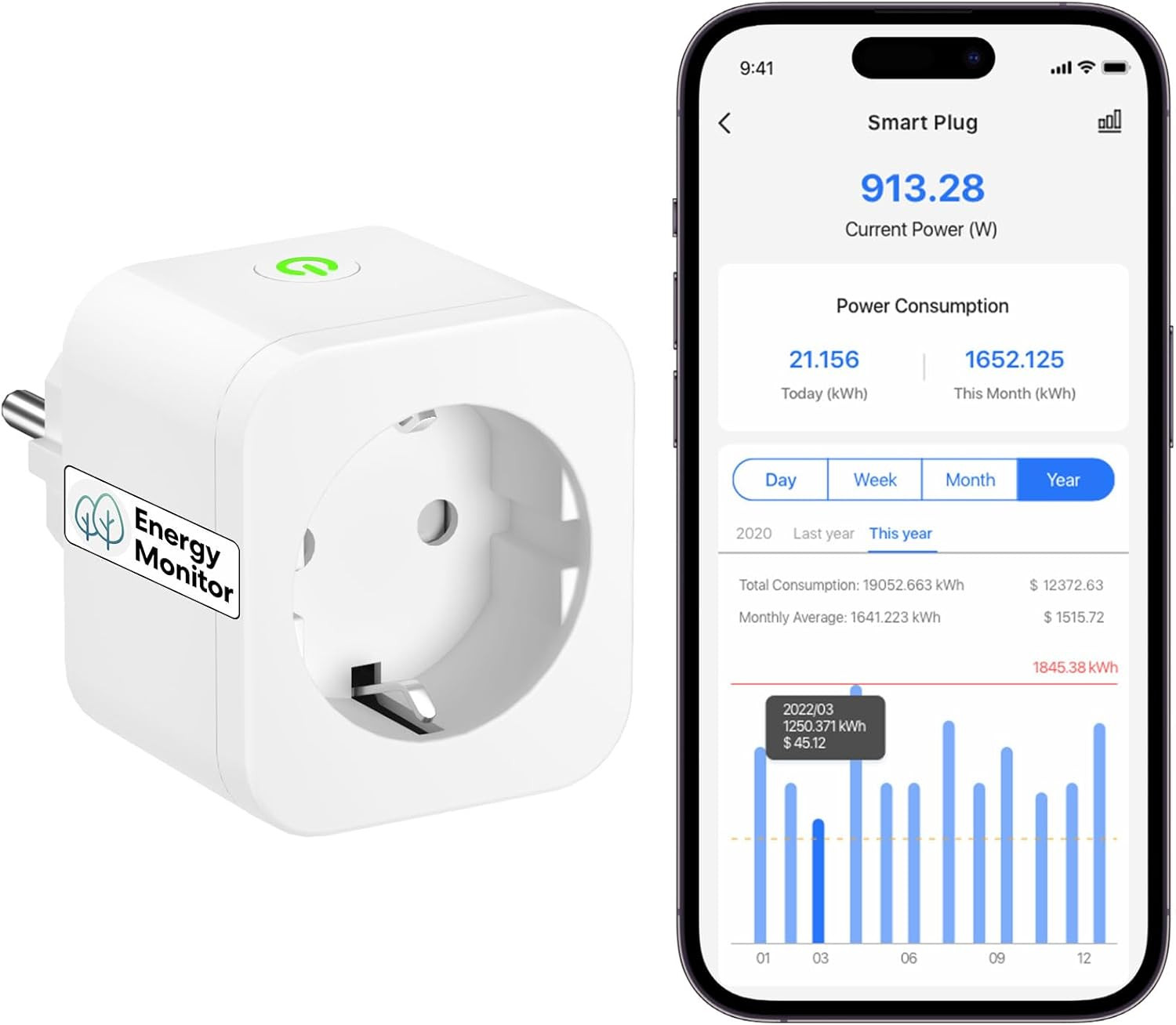 Presa Smart Alexa Con Monitoraggio Energetico, Presa Wifi 16A, Presa Smart Schuk