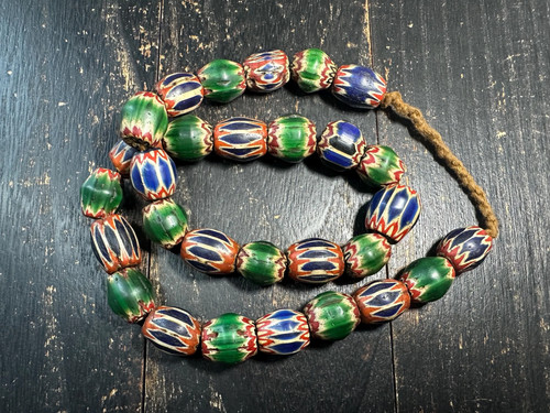 Vintage Chevron Glass Beads Necklace 26" Antique Venetian Style Tribal Jewelry