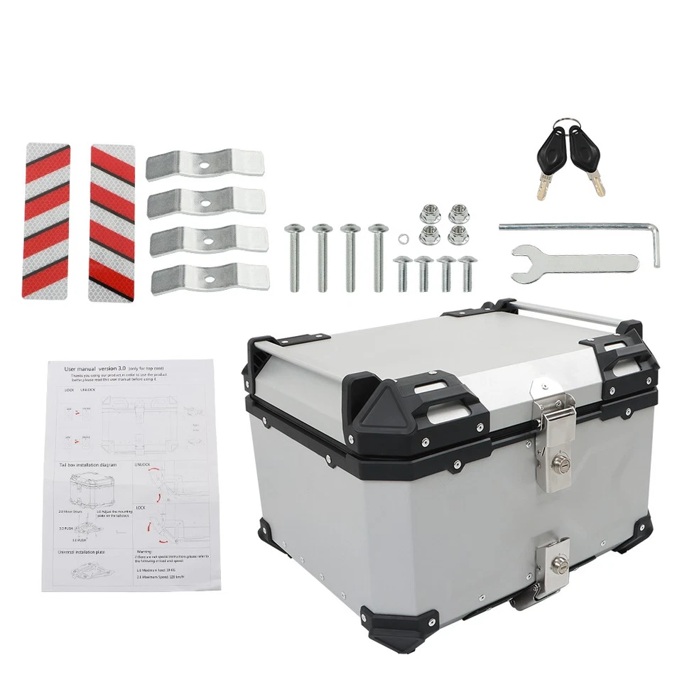 55-Litre Motorcycle Top Case Rear Box Storage Case Touring Trunk Black/Silver Foto 2 de 4