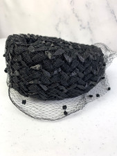 Vintage 60s 50s Dayne Fascinator Hat Union USA Black Straw Classy Jackie Kennedy