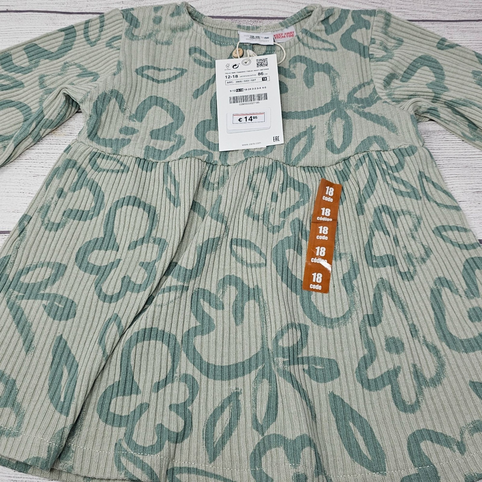 NWT Zara Baby Girls Ribbed Flower Print Dress Size 12-18 months image 3