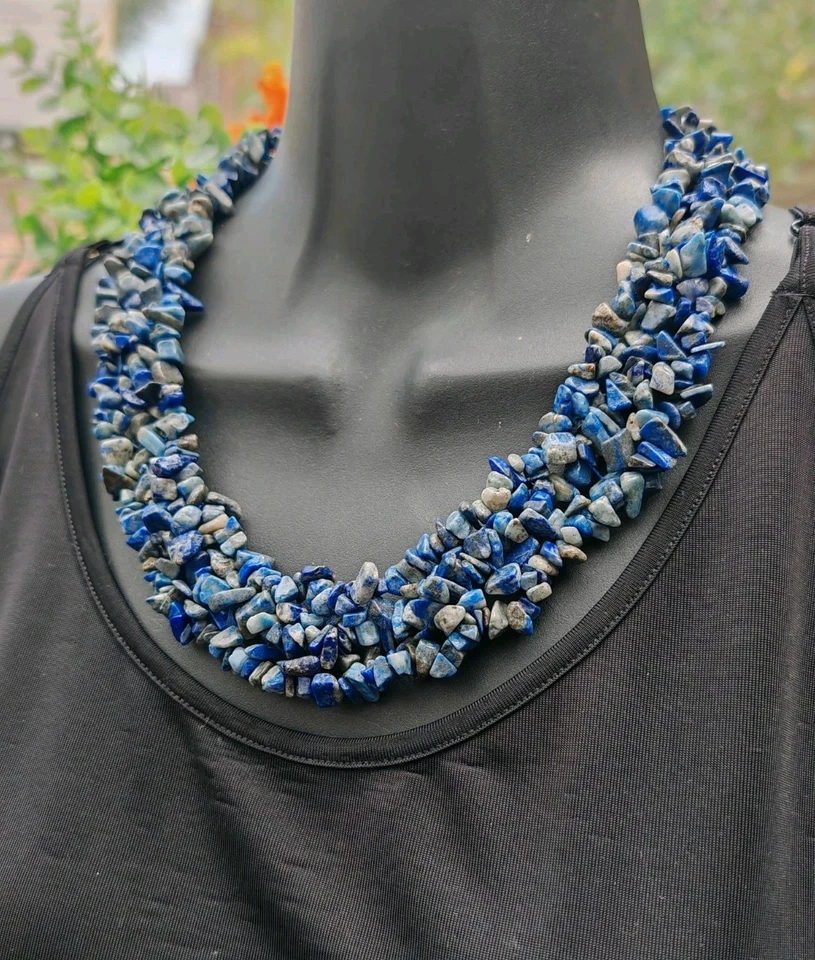 Demin Lapislázuli Tejido Collar Cuentas Piedras Preciosas Collar Plata de Ley 925 Foto 2 de 4