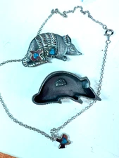 Vintage Torino Texas Armadillo Brooch Pin Necklace Earrings  Trinket Box Set Lot