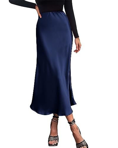 Womens Satin Faux Silk A Line High Waist Skirt Midi Long Solid Fishtail Dress - Picture 16 of 36