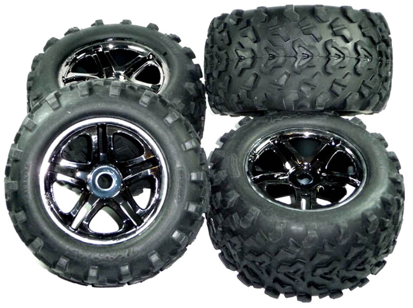 Traxxas E-Maxx Brushless * 4 MAXX TIRES, INSERTS & SS BLACK CHROME 17mm WHEELS *