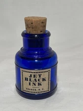 c1910-20 Jet Black Ink Franco, New York, N.Y. Cork Top Cobalt Blue Glass Inkwell