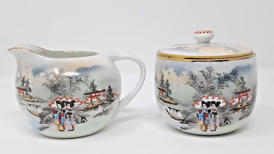 William Rae Tor Road Creamer & Sugar Bowl w/ Lid Porcelain Kobe Japan vintage
