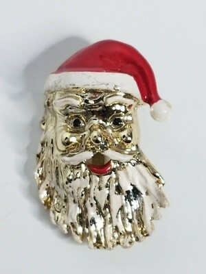 Santa Clause Face Red Hat Snow in Beard Fun Vintage Enamel Brooch Pin