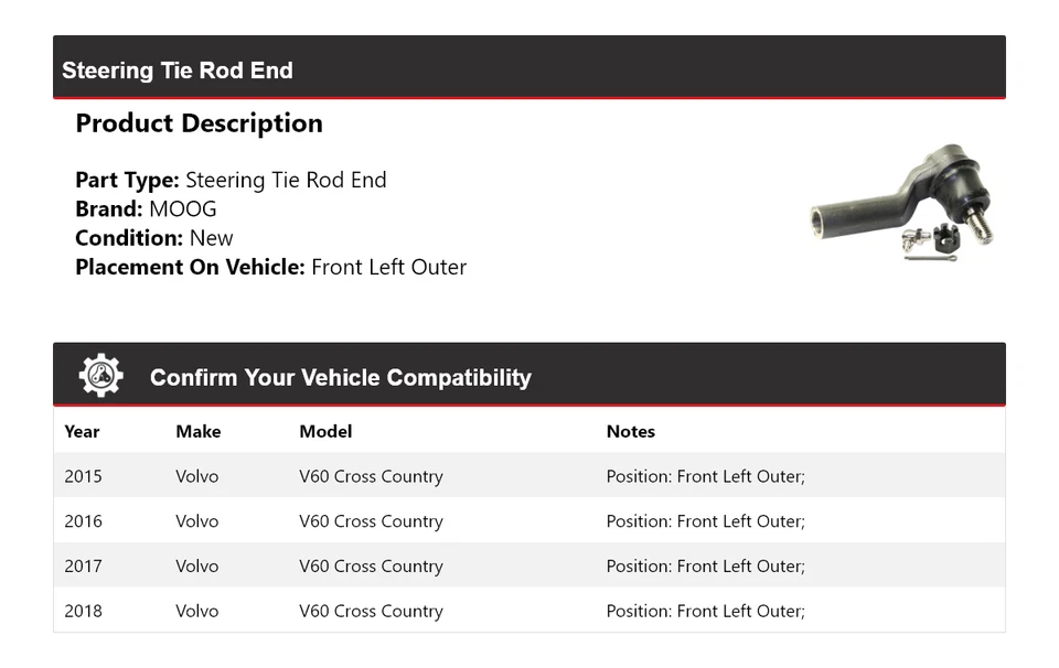 For 2015-2018 Volvo V60 Cross Country Steering Tie Rod End Front Left Outer MOOG - Image 2 of 4