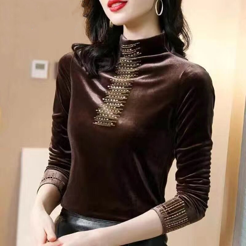 Camicia donna velluto basic finto collo manica lunga fondo slim pullover top chic - Foto 4 di 16