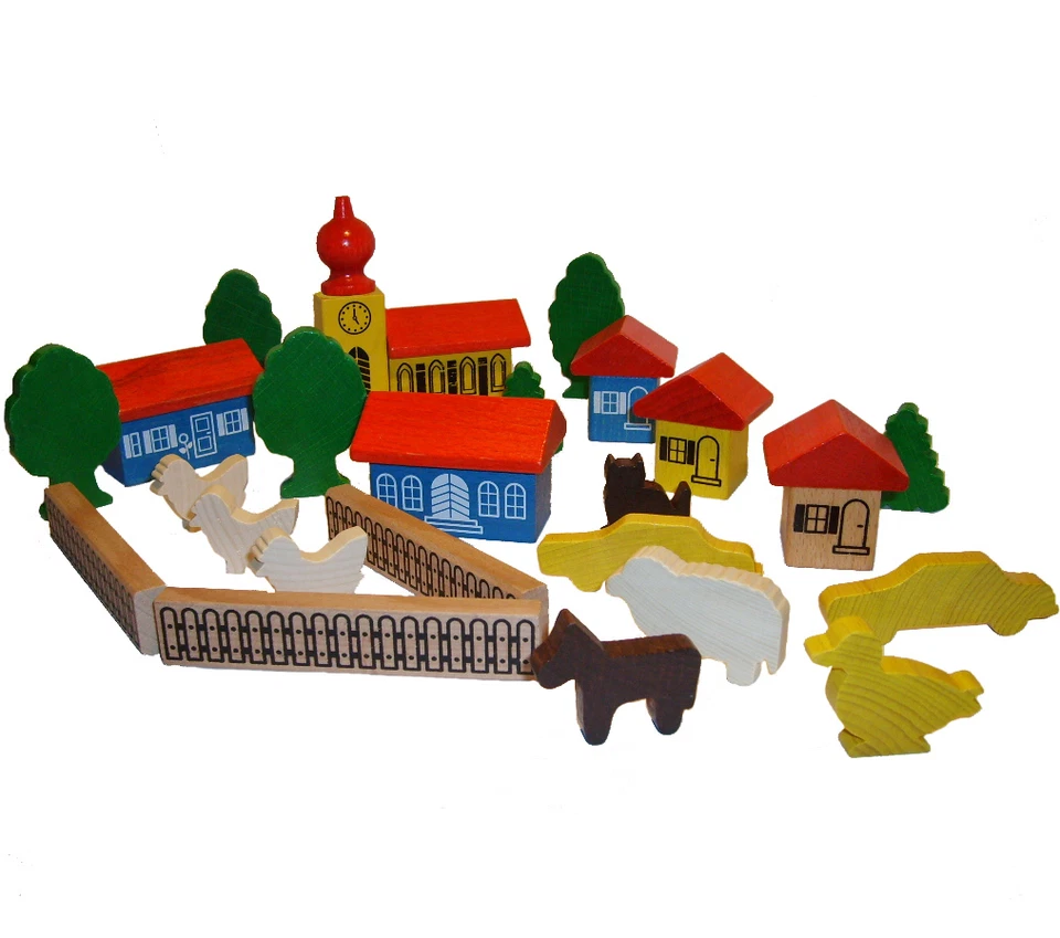Häuser, Kirche, Bäume: Ganzes Dorf für die Holzeisenbahn, Holzbausteine, NEMMER