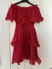 Pretty Little Thing Tiered Red Off Shoulder Frilled Dress, Size 6