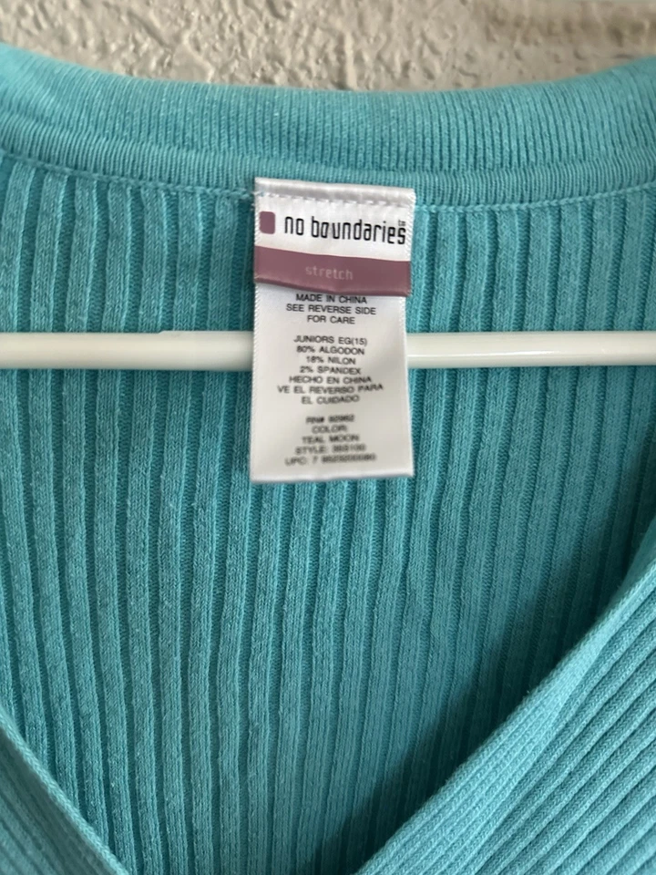 复古 90 年代 Y2K 2000 年代 V 领青蓝色罗纹短袖毛衣 XL 码棉 — 第 2/3 张图片