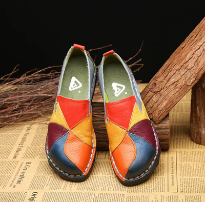 Women Loafers Patches Stitching Flat Shoes Flats Soft Genuine Leather Moccasins
