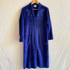 Miss Elaine Plush Zip Robe Solid Royal Blue Embroidery Pockets
